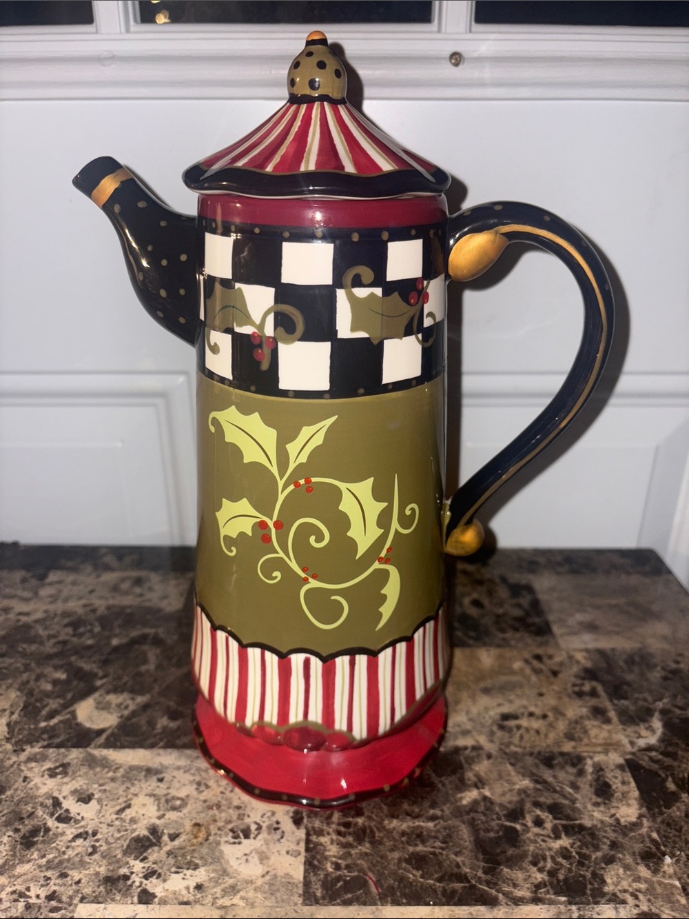 Amber Rose Christmas Coffee Pot- Olive Green & Red